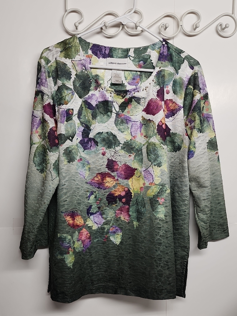 Alfred Dunner Green Ombre Floral Scoop Stud Detail Neck Top Sz L Gardencore